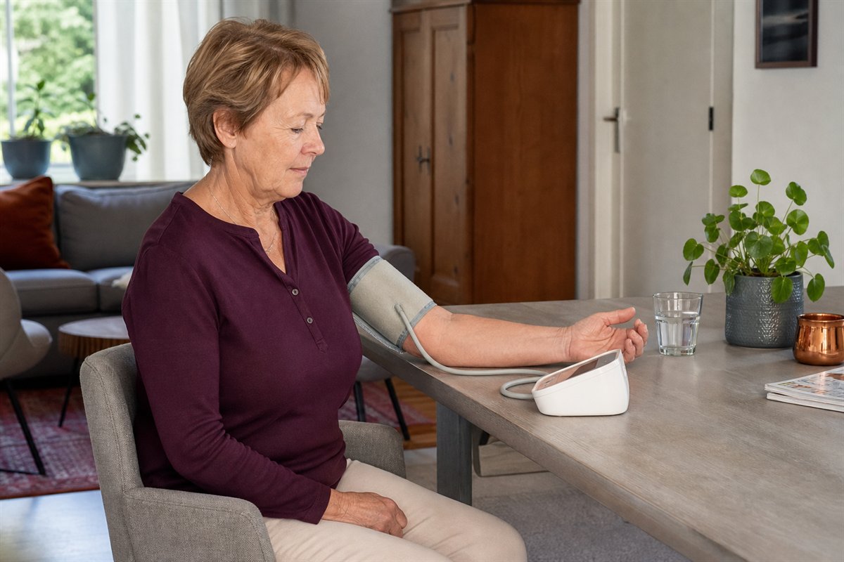 Vrouw meet thuis zittend haar bloeddruk met een band om de bovenarm