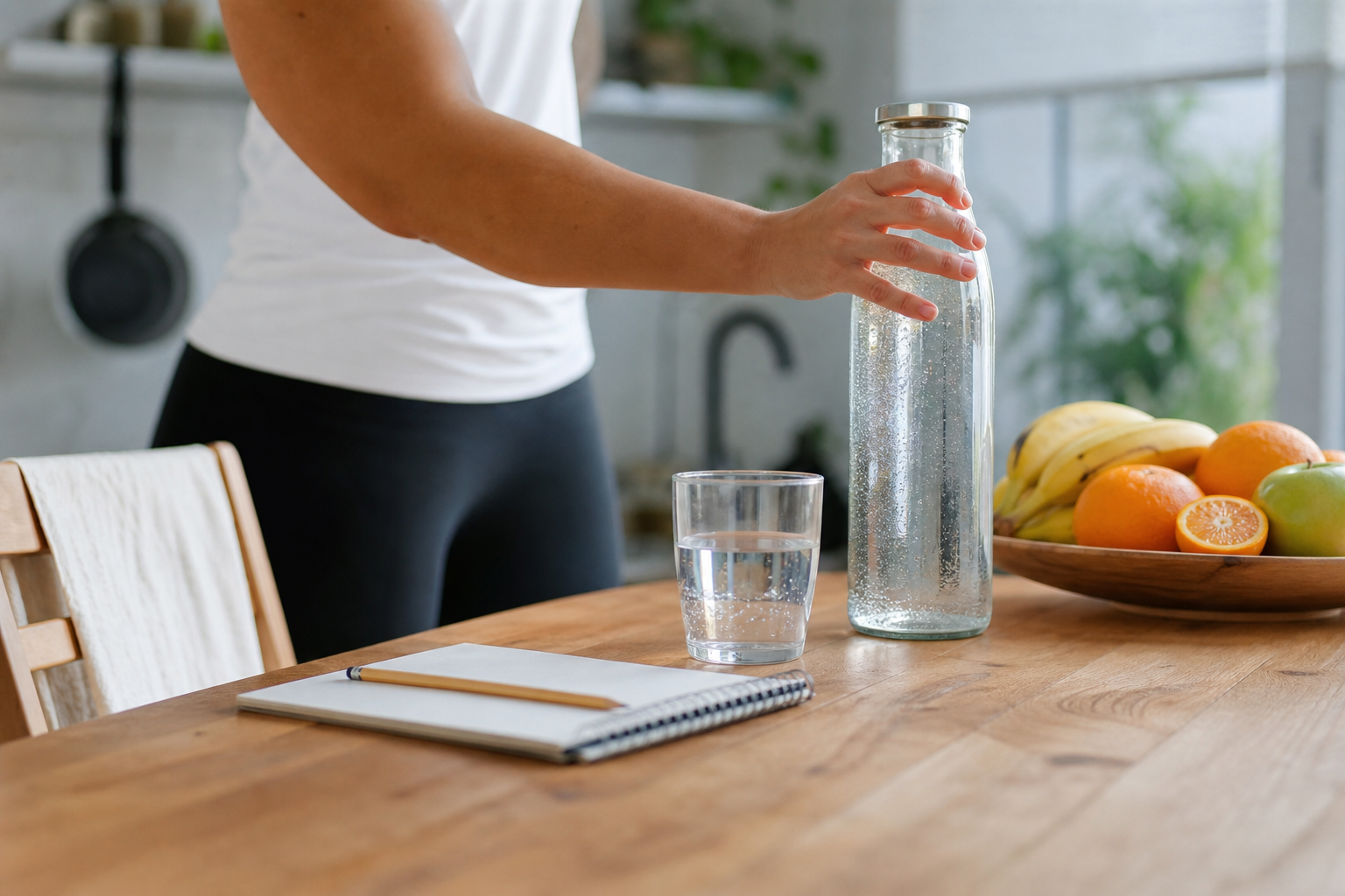 Hand pakt een glazen waterfles naast een glas en fruit op een keukentafel