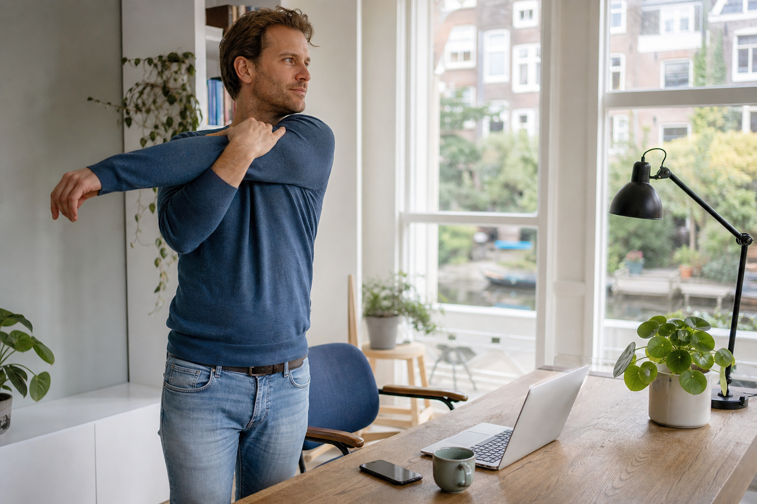 Persoon rekt de schouders naast een bureau in een lichte werkkamer