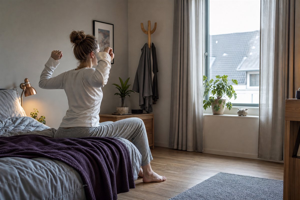 Vrouw rekt zich in de ochtend uit op de rand van een bed bij een open gordijn