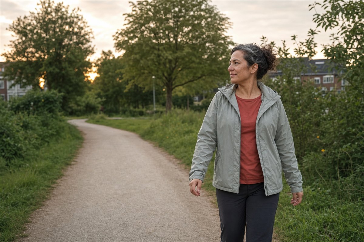 Vrouw maakt in de vroege avond een rustige wandeling over een groen pad